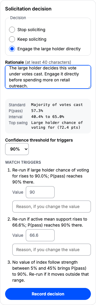 The solicitation decision panel with Engage the large holder directly selected and 3 watch triggers listed.