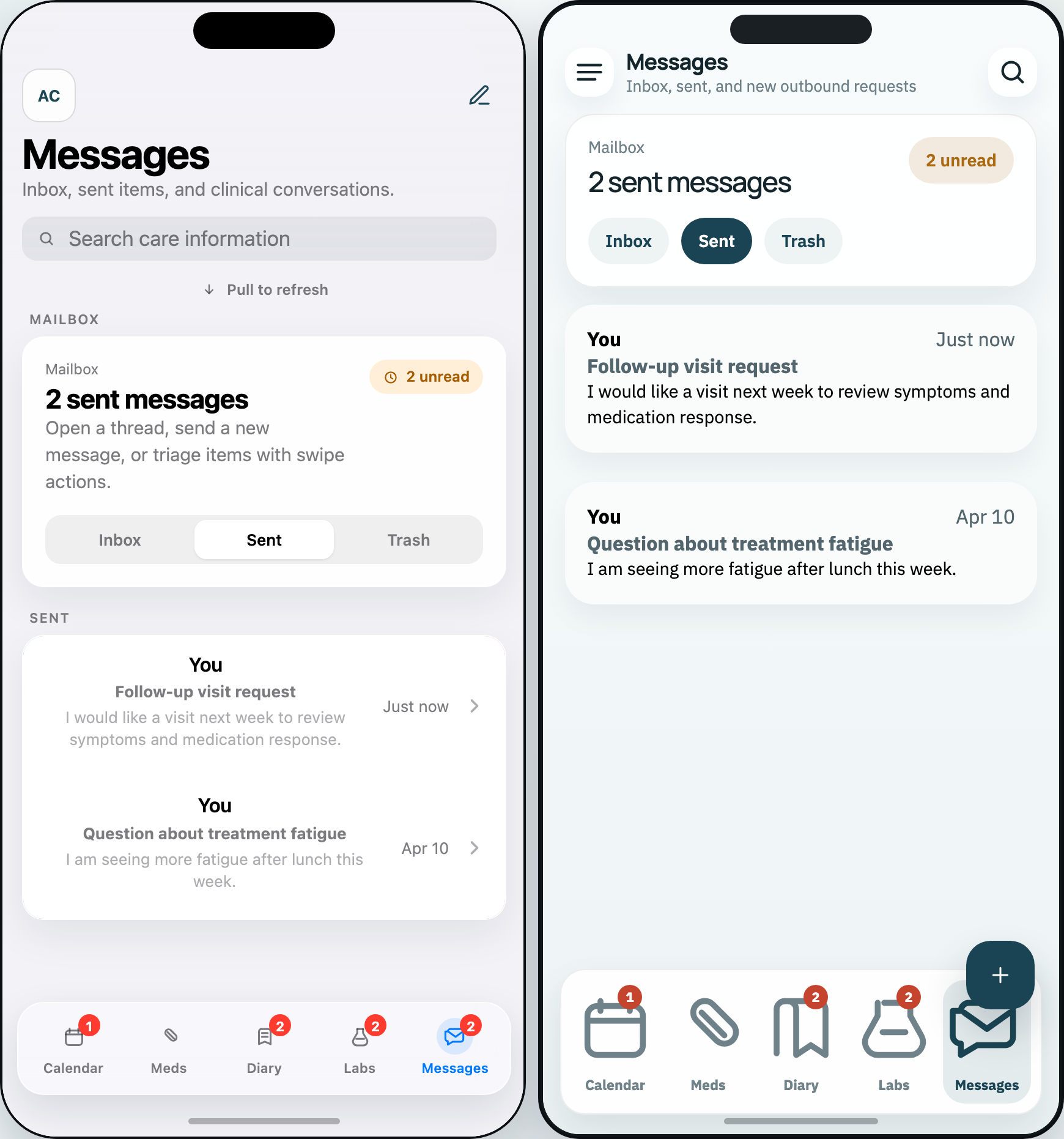 The Messages inbox in the SignalCare CDX prototype on both platforms: an iOS tab bar with unread badges on the left, an Android bottom navigation bar with a Material floating action button on the right.