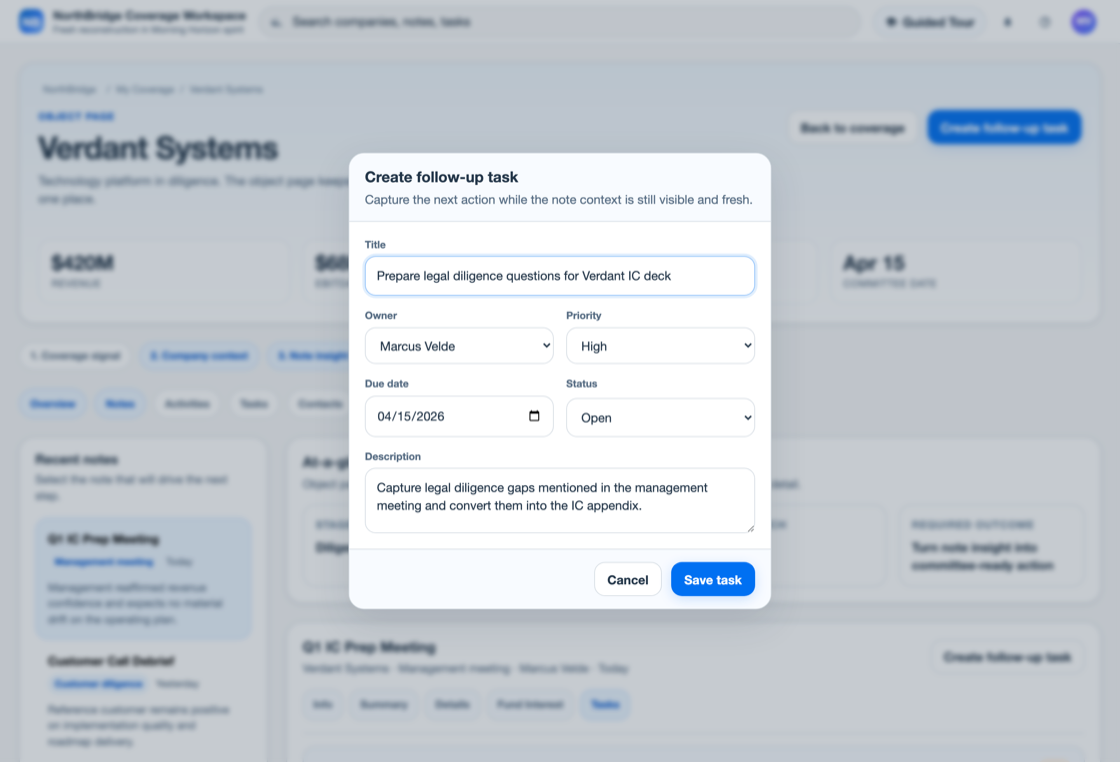 Follow-up task stage: the Create follow-up task dialog shows title, owner, priority, due date, status, and description, layered over the originating note and company.