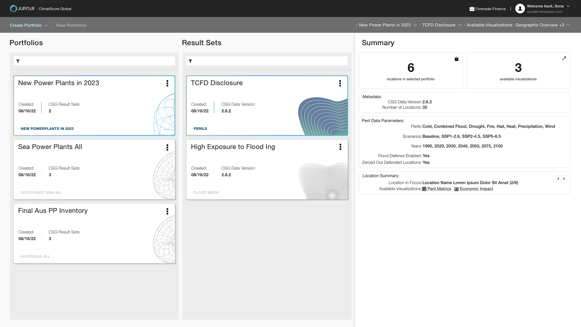 High-fidelity UI of a climate-risk platform: a 3-pane workspace exposing peril parameters, emissions scenarios from SSP1-2.6 to SSP5-8.5, and time horizons from 1995 to 2100.