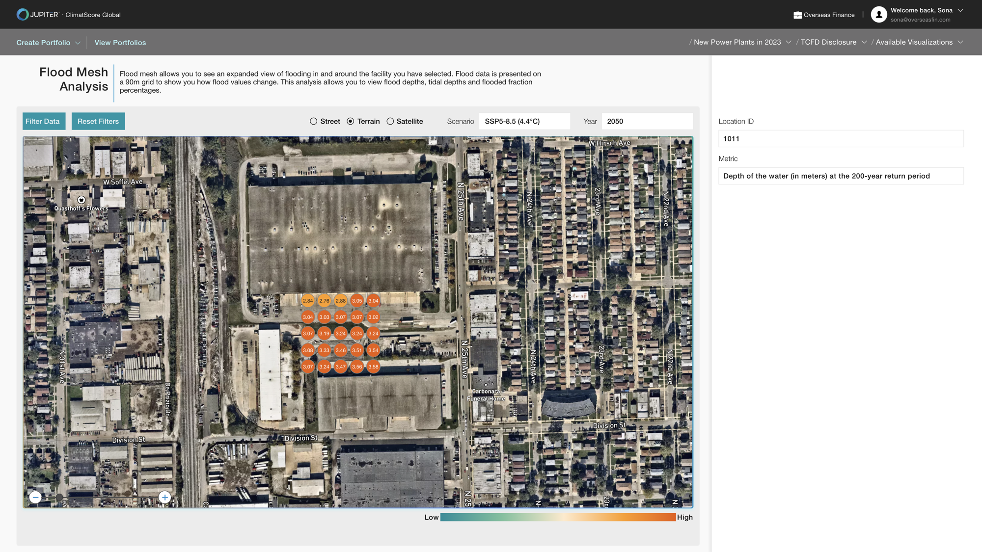 Flood Mesh Analysis screen: a 90-meter-resolution hydrodynamic simulation overlaid on a satellite view, distinguishing inundation of a substation from a parking lot.